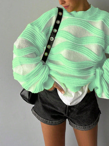 Women Round Neck Wave Stripe Color Collision Long-Sleeved Knit Sweater