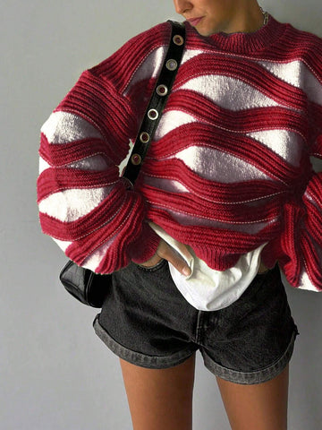 Women Round Neck Wave Stripe Color Collision Long-Sleeved Knit Sweater