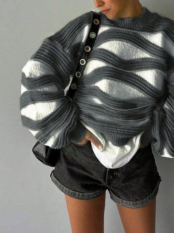 Women Round Neck Wave Stripe Color Collision Long-Sleeved Knit Sweater