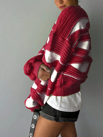 Women Round Neck Wave Stripe Color Collision Long-Sleeved Knit Sweater