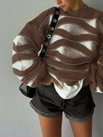 Women Round Neck Wave Stripe Color Collision Long-Sleeved Knit Sweater