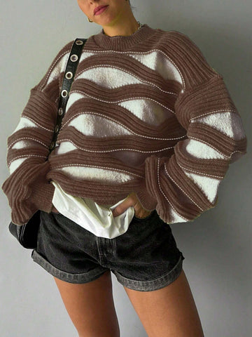 Women Round Neck Wave Stripe Color Collision Long-Sleeved Knit Sweater