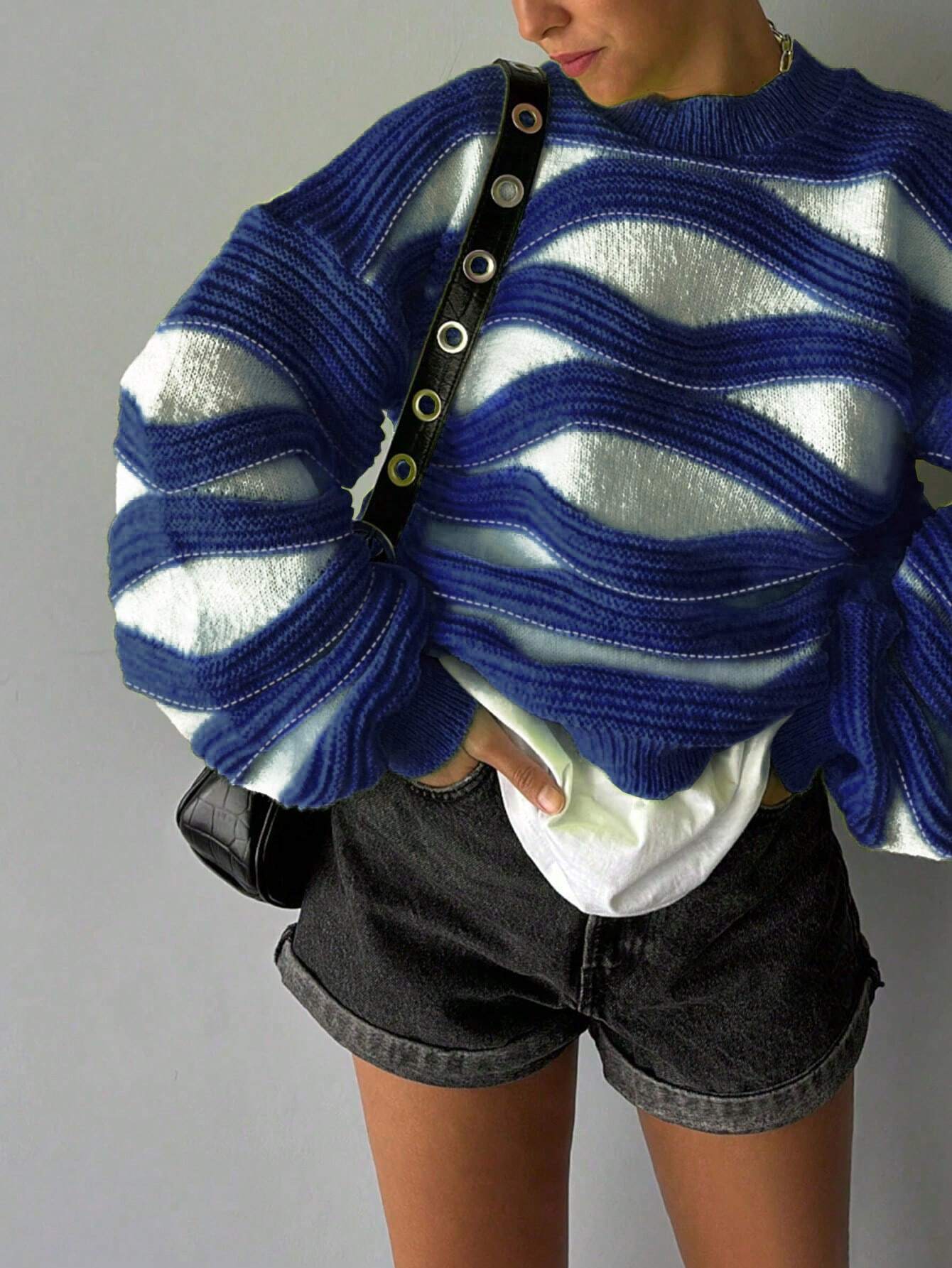 Women Round Neck Wave Stripe Color Collision Long-Sleeved Knit Sweater