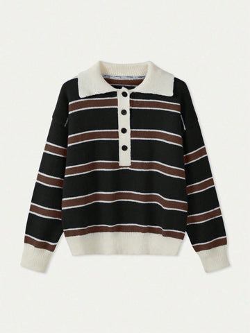 Women's Polo Collar Contrasting Striped Long Sleeved Knitted Sweater
