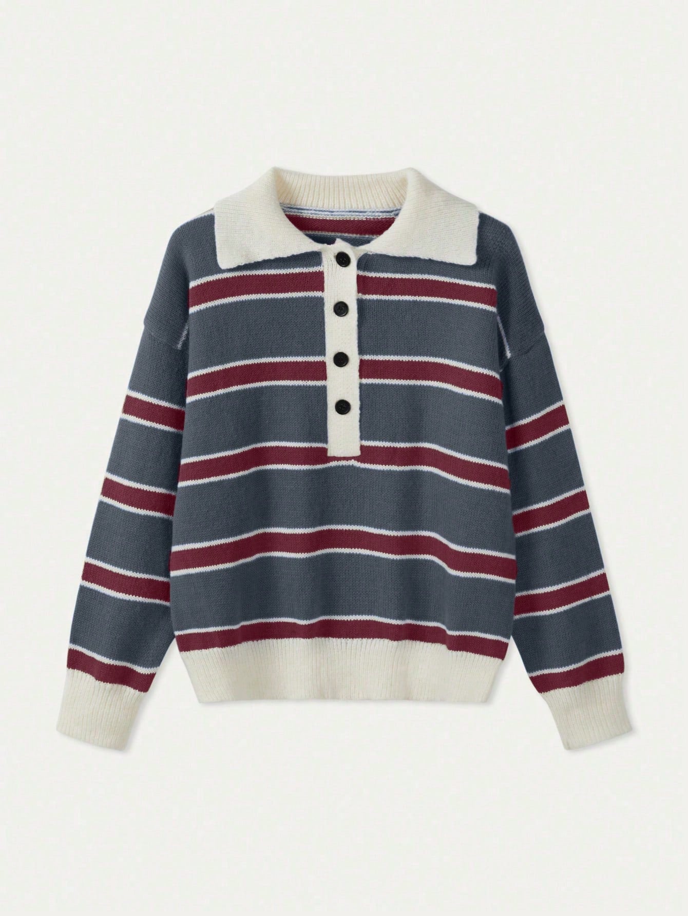 Polo Collar Contrasting Striped Long Sleeved Knitted Sweater