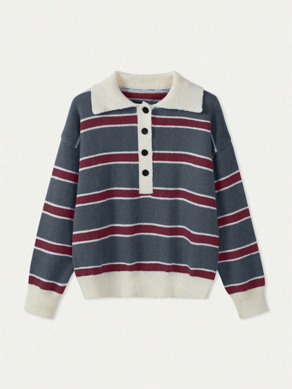 Polo Collar Contrasting Striped Long Sleeved Knitted Sweater