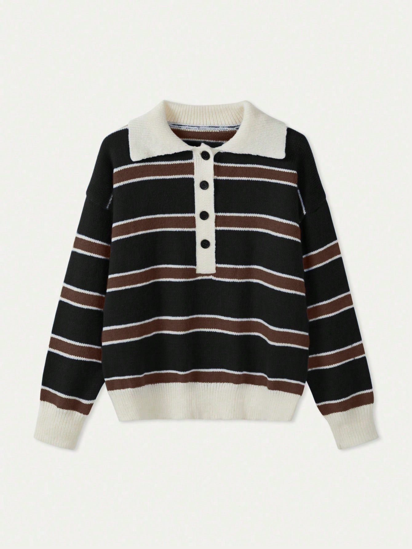 Polo Collar Contrasting Striped Long Sleeved Knitted Sweater