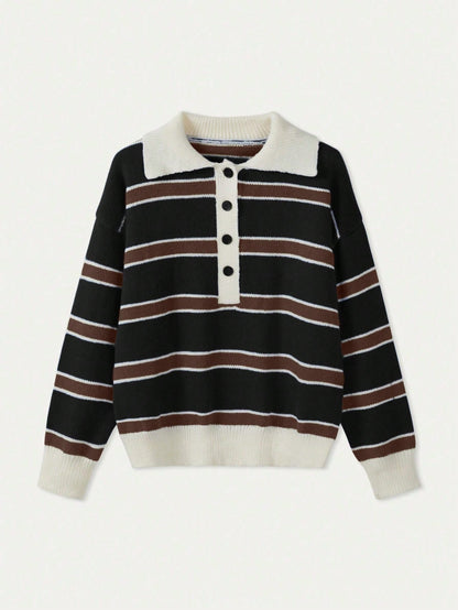 Polo Collar Contrasting Striped Long Sleeved Knitted Sweater