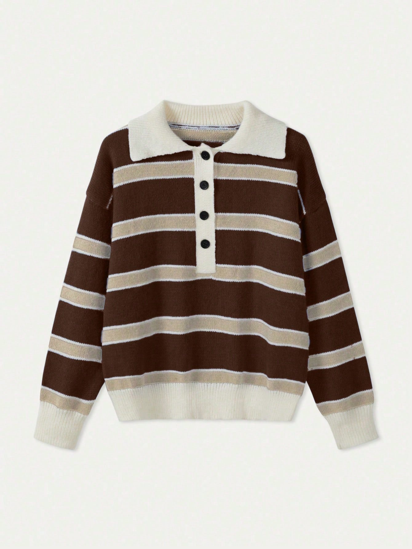 Polo Collar Contrasting Striped Long Sleeved Knitted Sweater