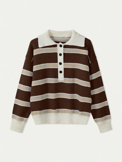 Polo Collar Contrasting Striped Long Sleeved Knitted Sweater