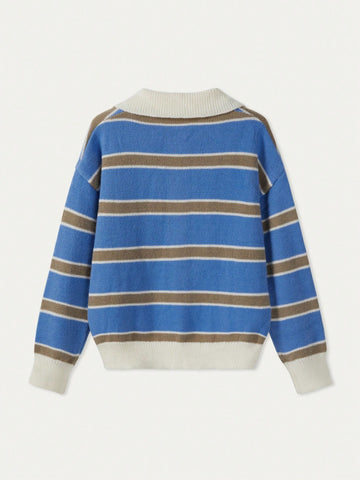 Women's Polo Collar Contrasting Striped Long Sleeved Knitted Sweater