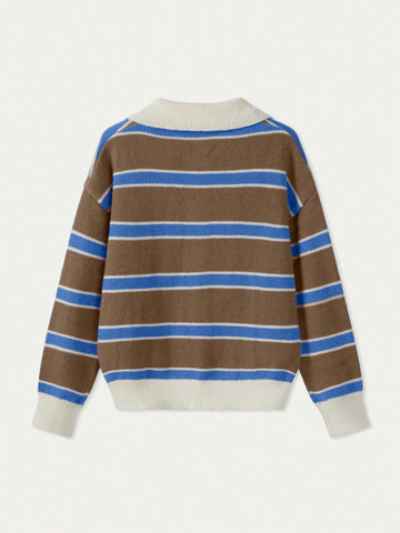 Women's Polo Collar Contrasting Striped Long Sleeved Knitted Sweater