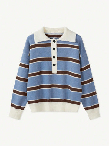 Women's Polo Collar Contrasting Striped Long Sleeved Knitted Sweater