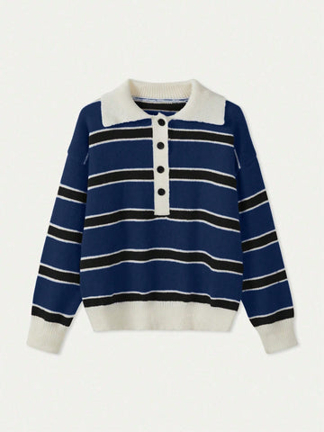 Women's Polo Collar Contrasting Striped Long Sleeved Knitted Sweater