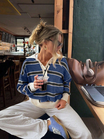 Women's Polo Collar Contrasting Striped Long Sleeved Knitted Sweater