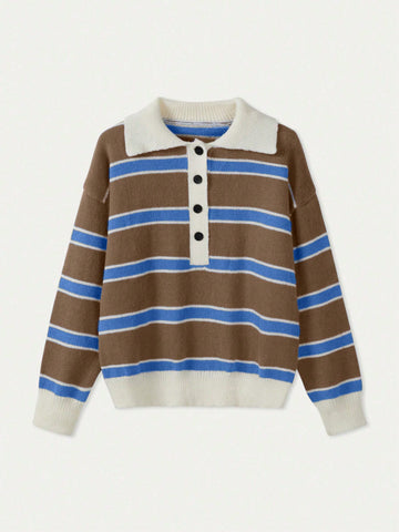 Women's Polo Collar Contrasting Striped Long Sleeved Knitted Sweater