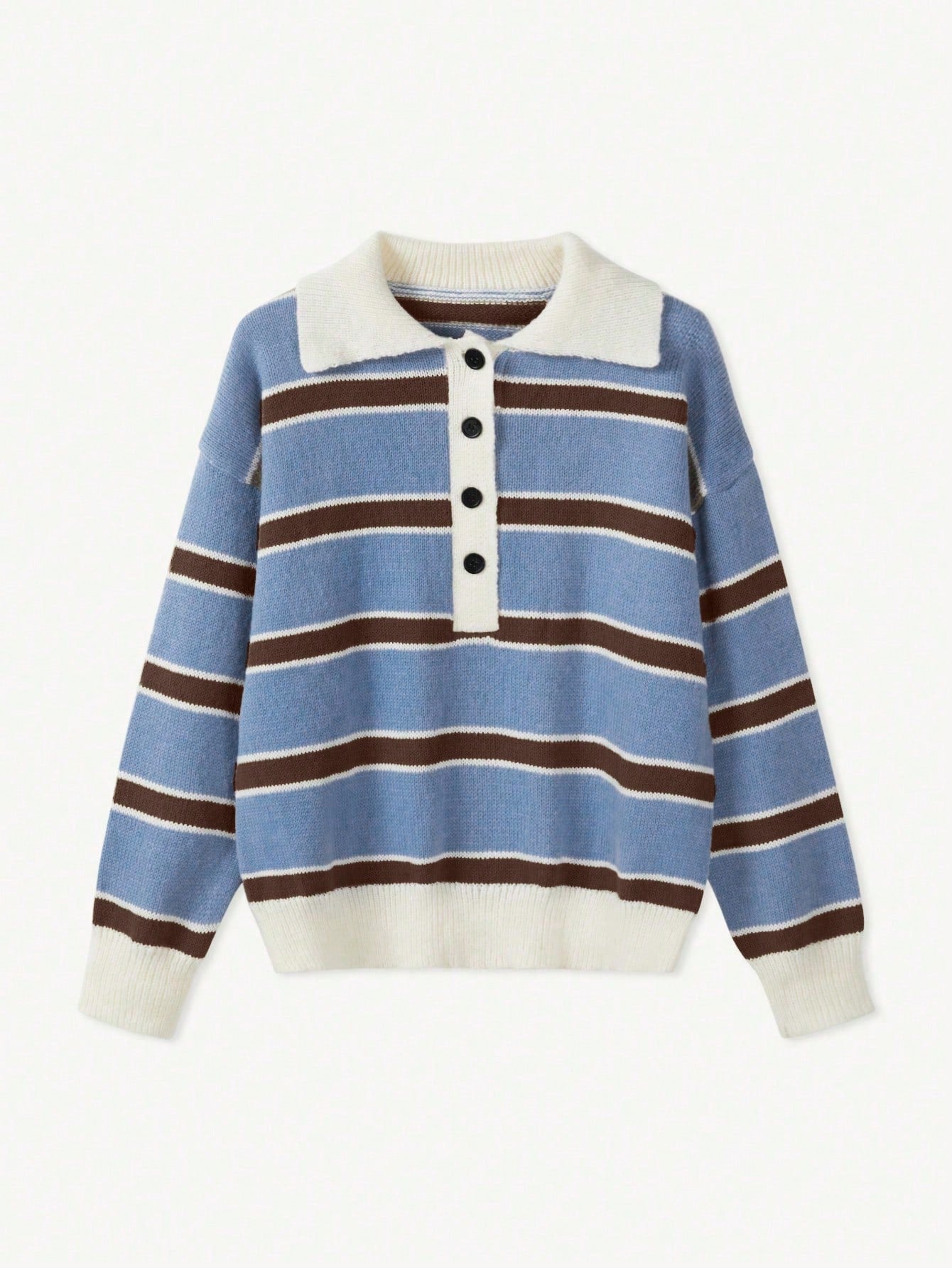 Polo Collar Contrasting Striped Long Sleeved Knitted Sweater