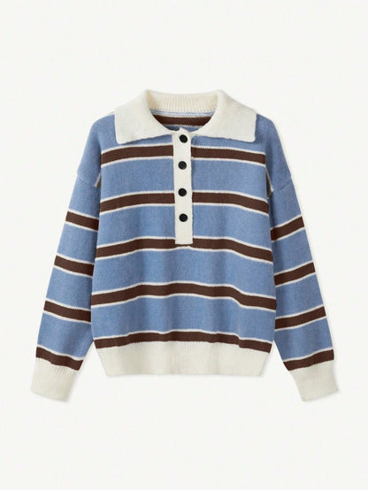 Polo Collar Contrasting Striped Long Sleeved Knitted Sweater