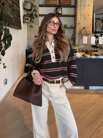 Women's Polo Collar Contrasting Striped Long Sleeved Knitted Sweater
