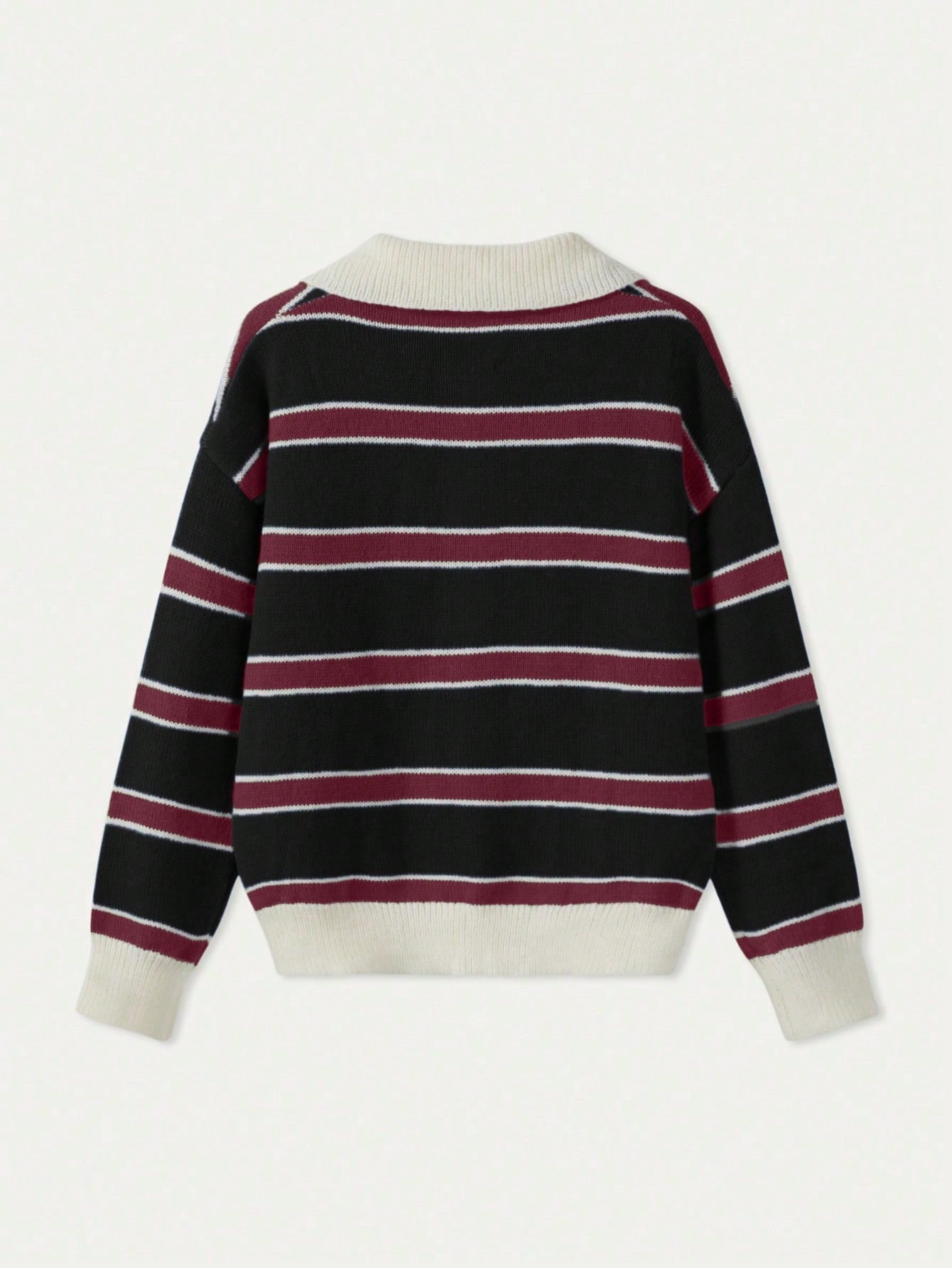 Polo Collar Contrasting Striped Long Sleeved Knitted Sweater