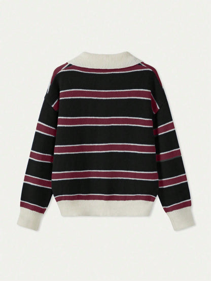 Polo Collar Contrasting Striped Long Sleeved Knitted Sweater