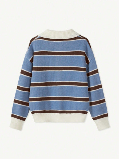 Polo Collar Contrasting Striped Long Sleeved Knitted Sweater