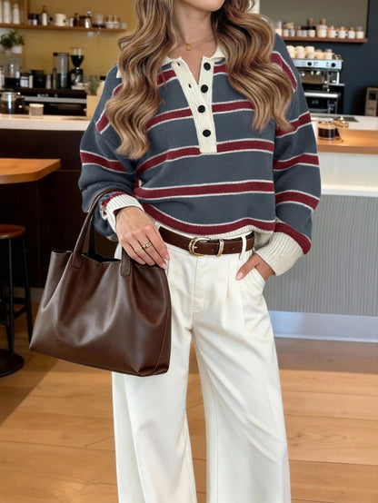 Polo Collar Contrasting Striped Long Sleeved Knitted Sweater