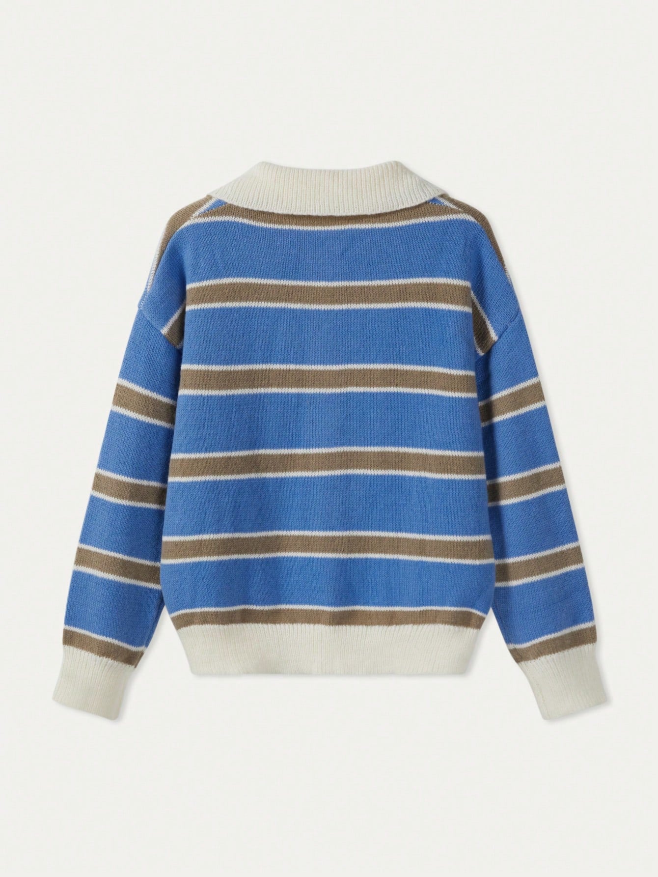 Polo Collar Contrasting Striped Long Sleeved Knitted Sweater