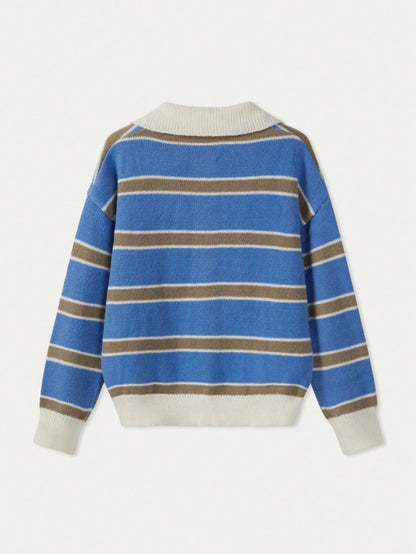 Polo Collar Contrasting Striped Long Sleeved Knitted Sweater