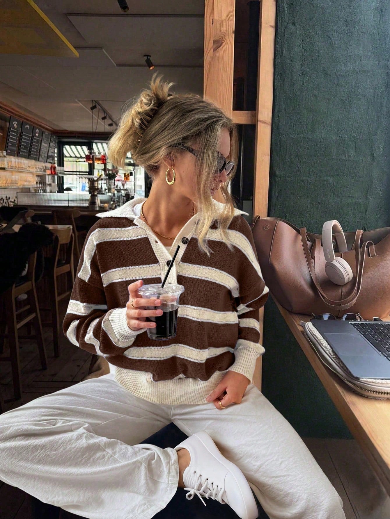 Polo Collar Contrasting Striped Long Sleeved Knitted Sweater