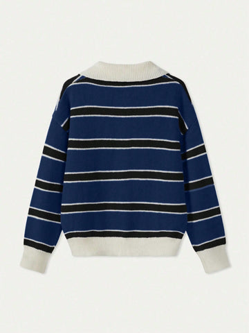 Women's Polo Collar Contrasting Striped Long Sleeved Knitted Sweater