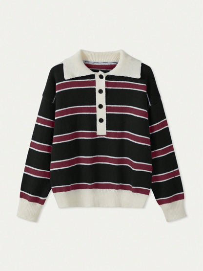 Polo Collar Contrasting Striped Long Sleeved Knitted Sweater