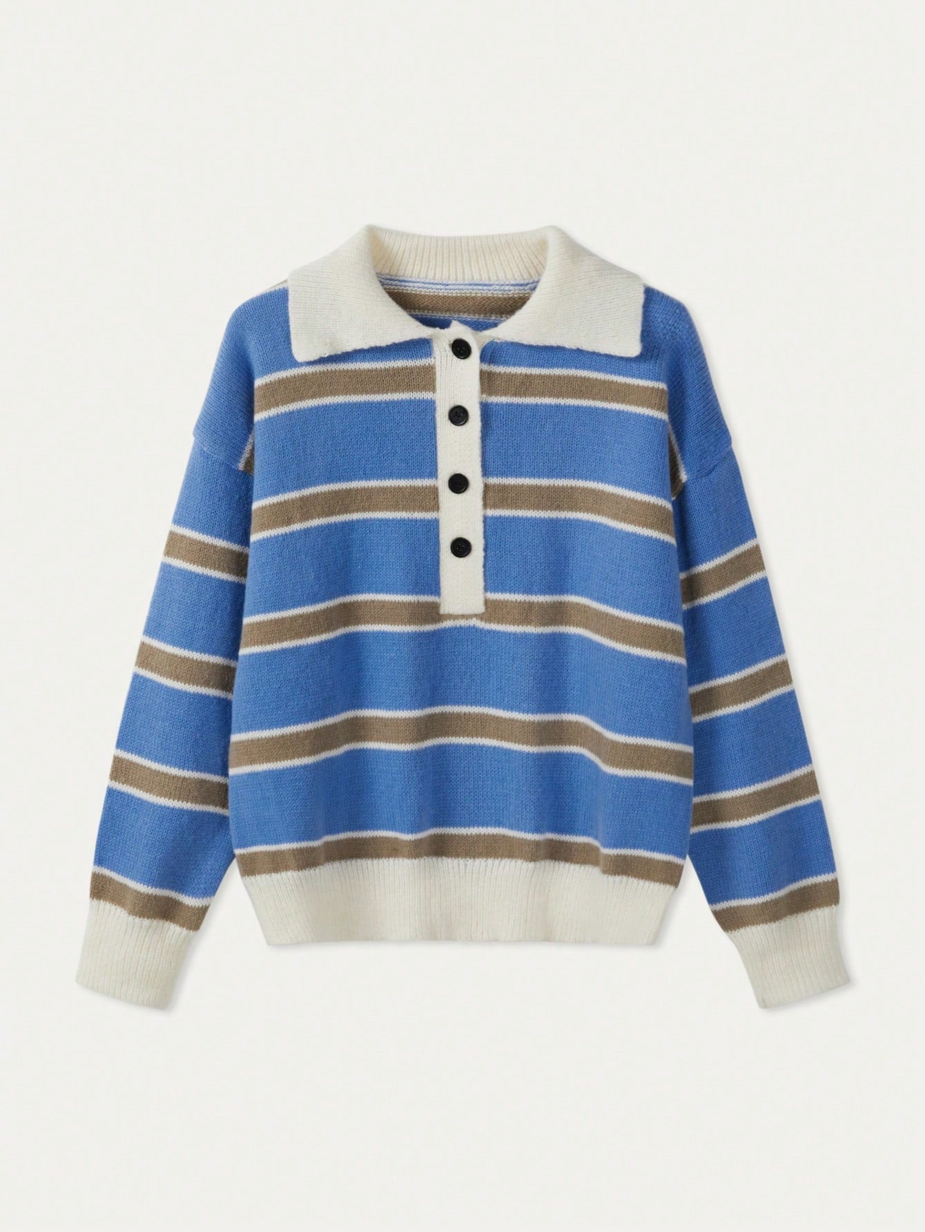 Women's Polo Collar Contrasting Striped Long Sleeved Knitted Sweater