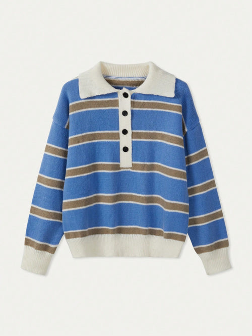 Women's Polo Collar Contrasting Striped Long Sleeved Knitted Sweater shein