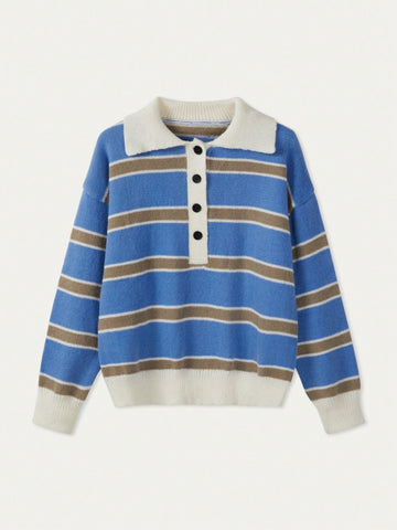 Women's Polo Collar Contrasting Striped Long Sleeved Knitted Sweater