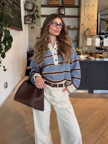 Women's Polo Collar Contrasting Striped Long Sleeved Knitted Sweater
