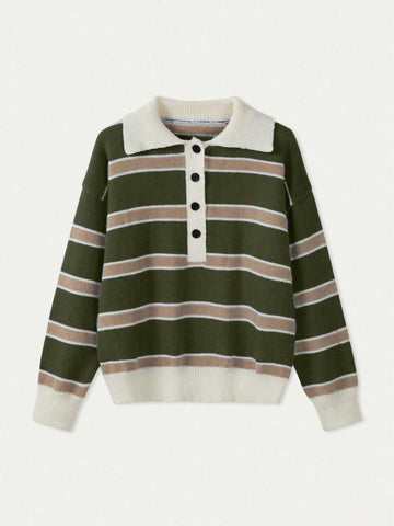 Women's Polo Collar Contrasting Striped Long Sleeved Knitted Sweater