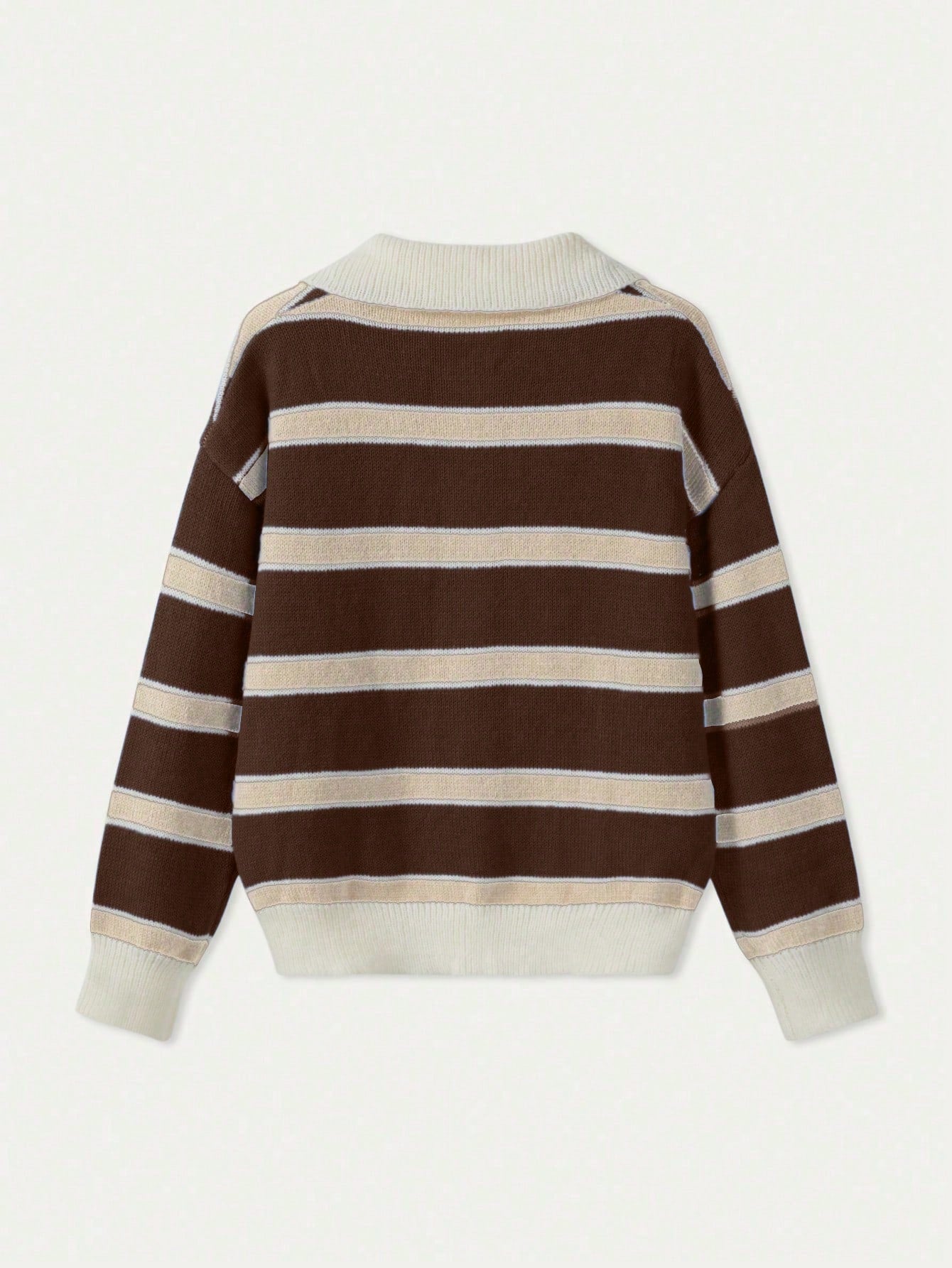 Polo Collar Contrasting Striped Long Sleeved Knitted Sweater
