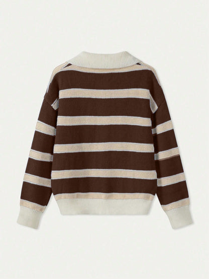 Polo Collar Contrasting Striped Long Sleeved Knitted Sweater