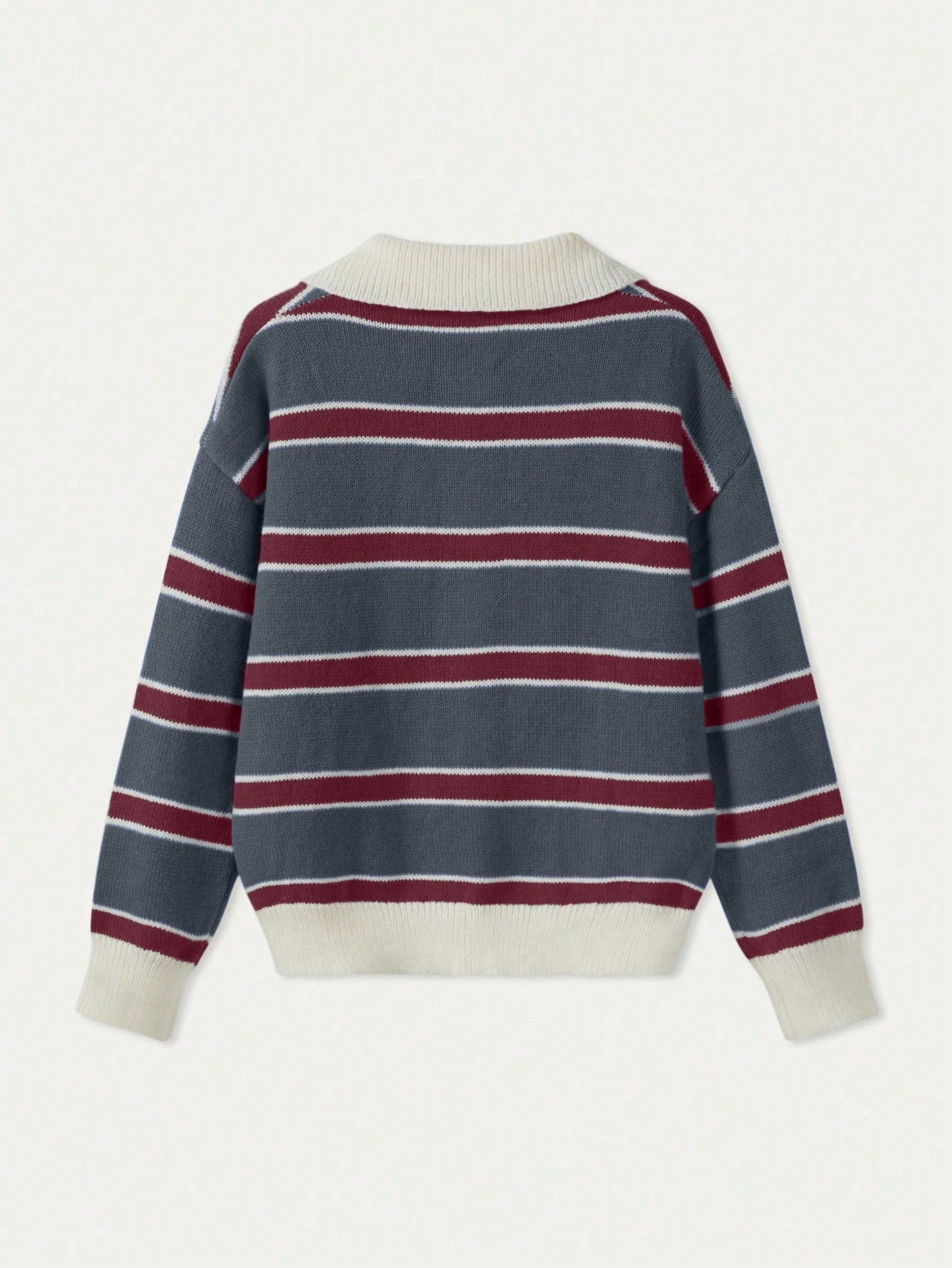 Polo Collar Contrasting Striped Long Sleeved Knitted Sweater
