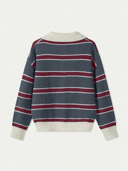 Polo Collar Contrasting Striped Long Sleeved Knitted Sweater