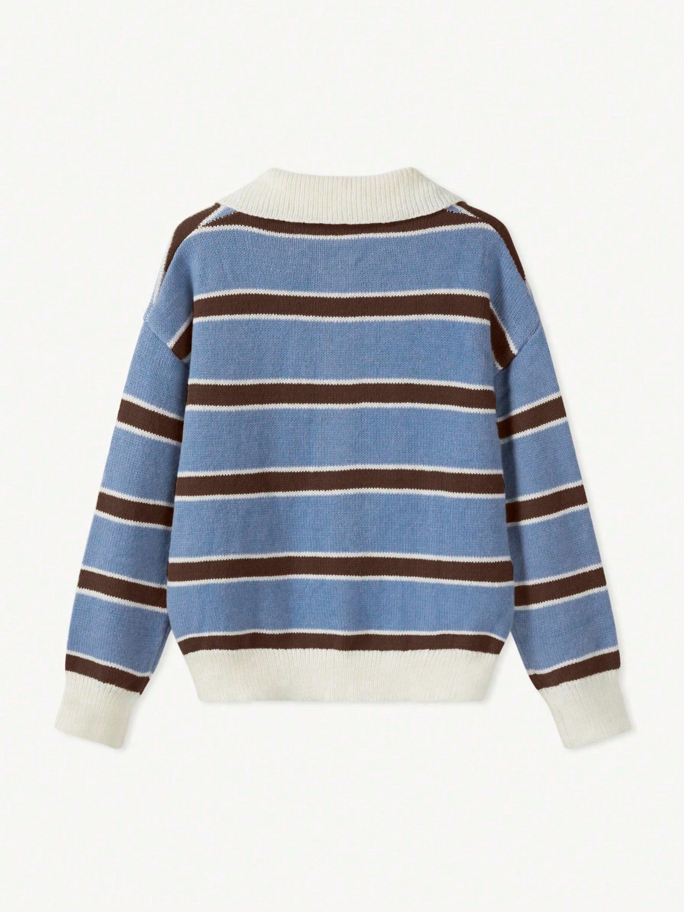 Women's Polo Collar Contrasting Striped Long Sleeved Knitted Sweater