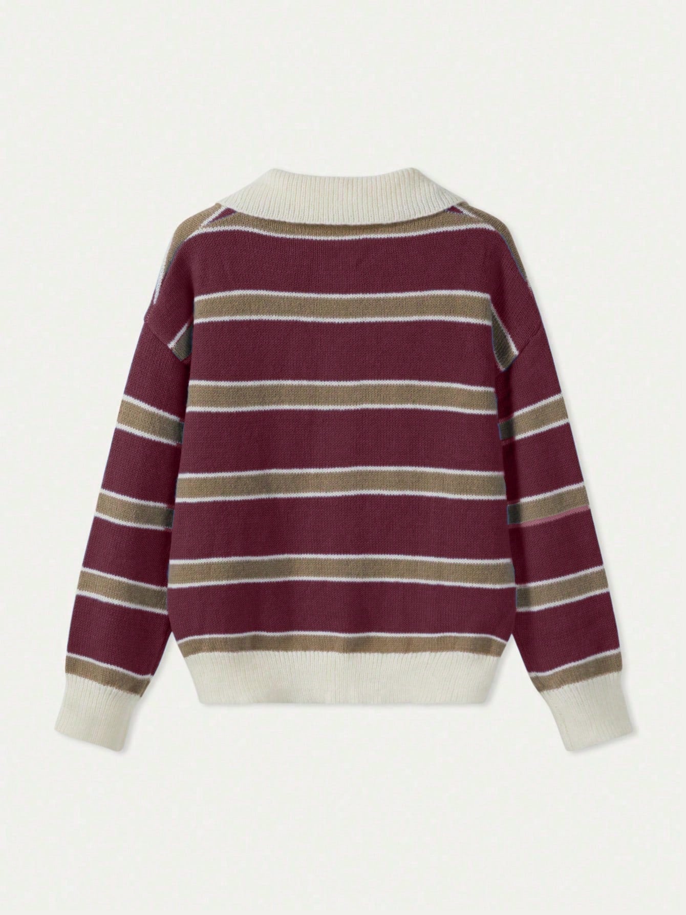 Polo Collar Contrasting Striped Long Sleeved Knitted Sweater