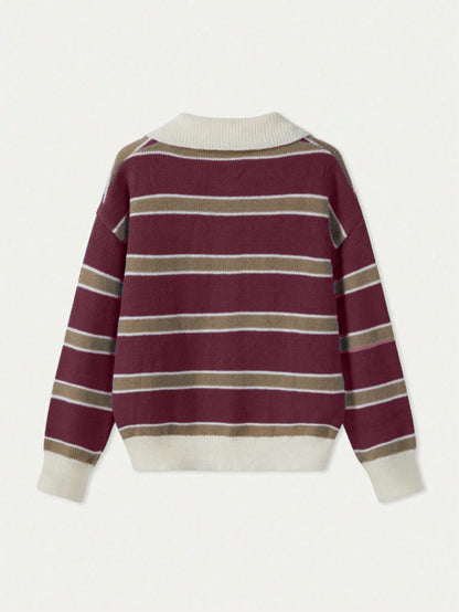 Polo Collar Contrasting Striped Long Sleeved Knitted Sweater