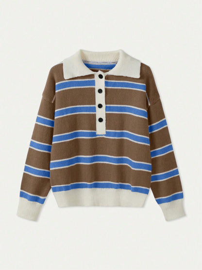 Polo Collar Contrasting Striped Long Sleeved Knitted Sweater