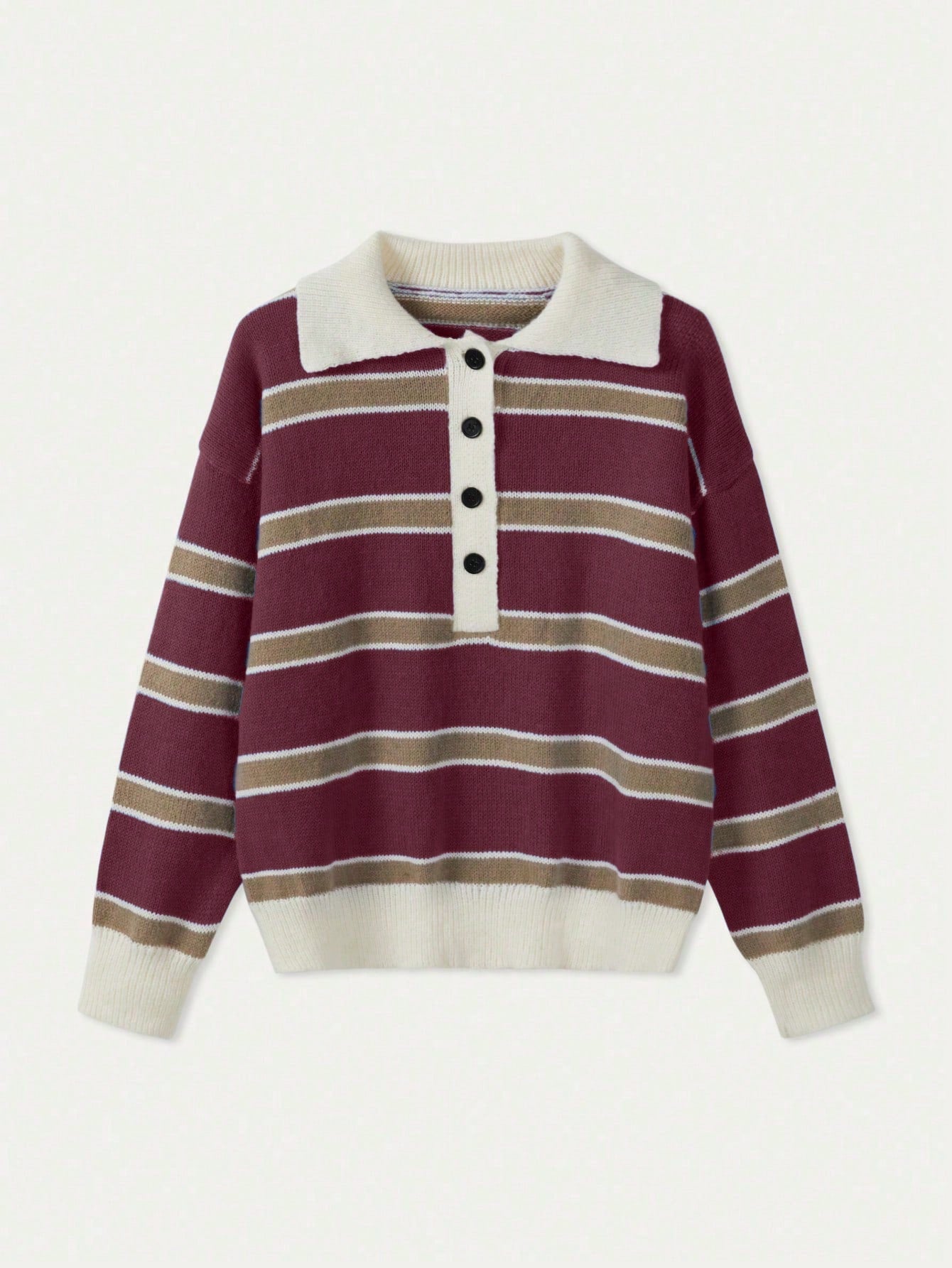 Polo Collar Contrasting Striped Long Sleeved Knitted Sweater