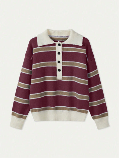 Polo Collar Contrasting Striped Long Sleeved Knitted Sweater