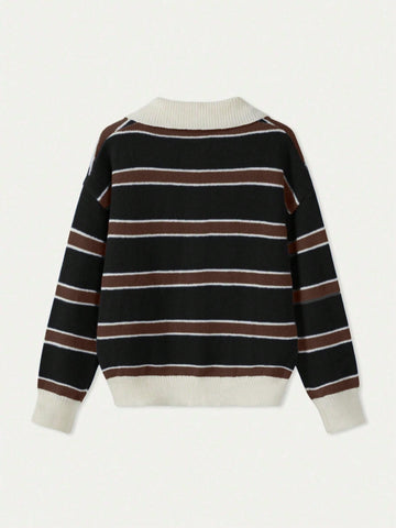 Women's Polo Collar Contrasting Striped Long Sleeved Knitted Sweater