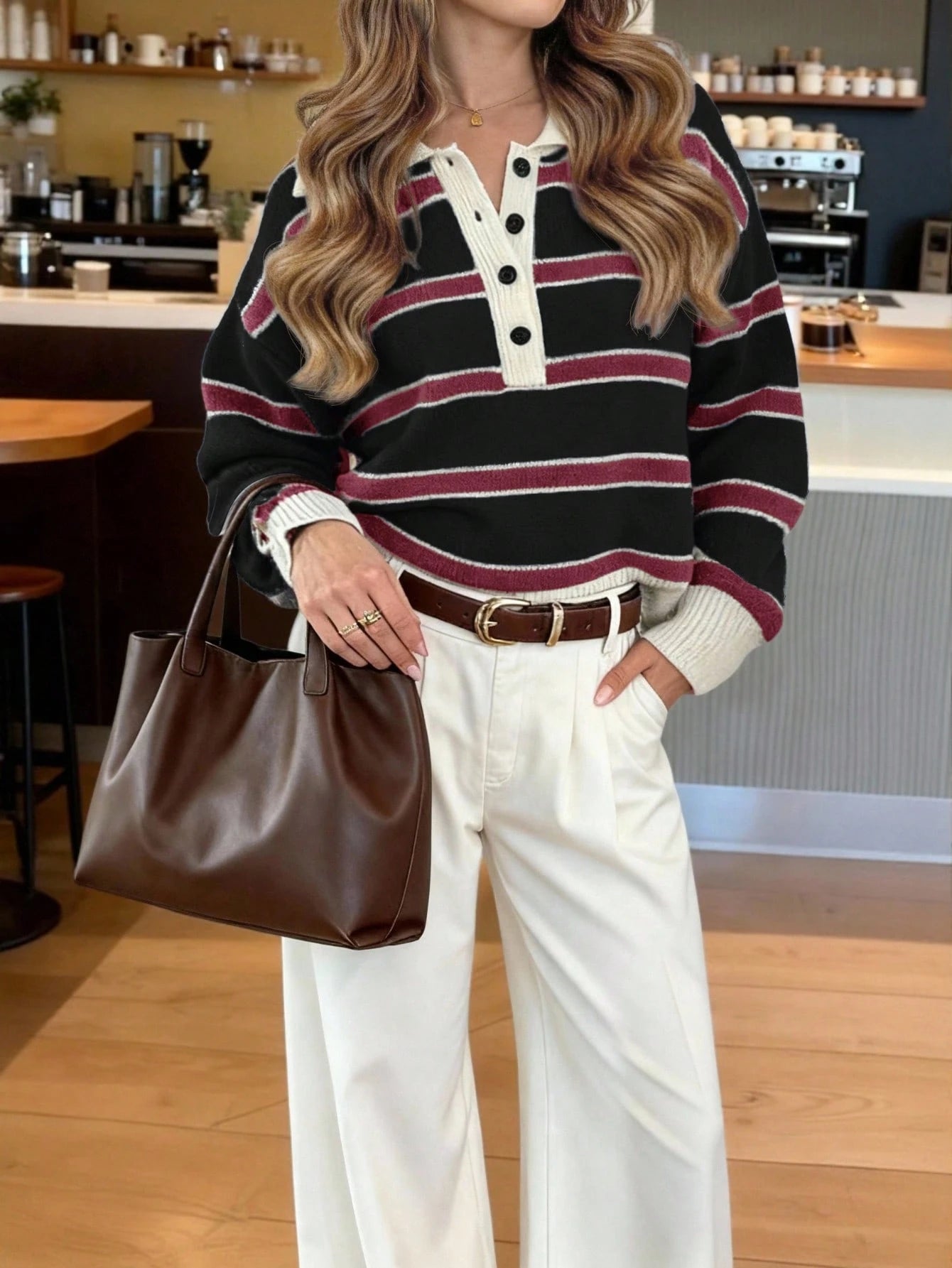 Polo Collar Contrasting Striped Long Sleeved Knitted Sweater