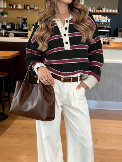 Polo Collar Contrasting Striped Long Sleeved Knitted Sweater